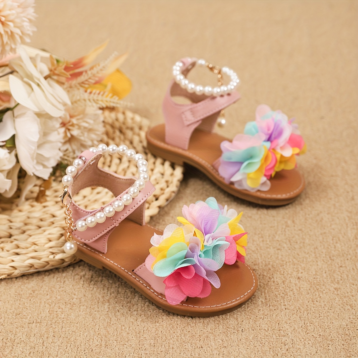 2025 Summer *' Casual Shoes Small and Big, Flat Sandals, Fashionable,  Cute, Floral Pattern, TPR Sole, Microfiber Upper, Synthetic Inner, Round  Toe,