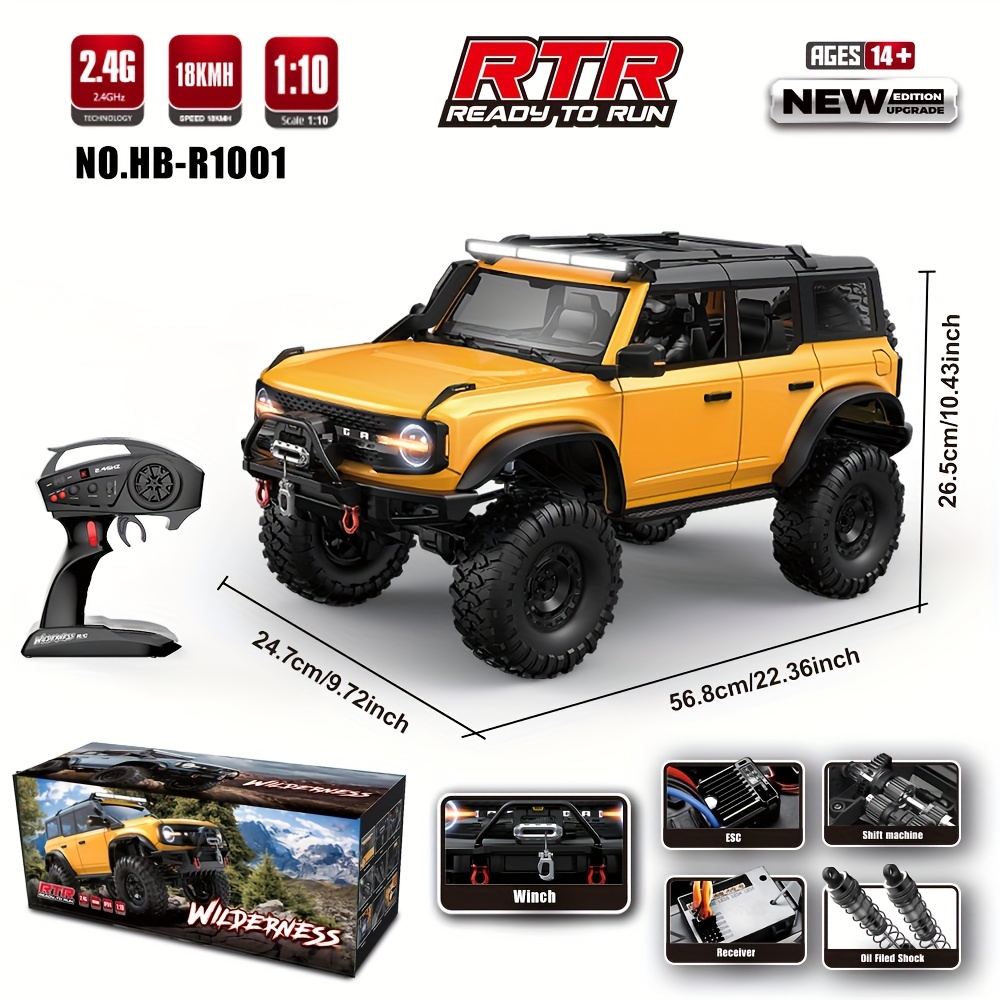 1/10 Scale RC Crawler with LED Lights & Winch - 4x4 Off-Road Remote Control Truck, High/Low Speed, RTR Rock Buggy with, Compatible with, for Adults &, Off-Road Racing - Ideal Gift for RC Car Enthusiasts, Outdoor Adventure, Aggressive Design, Sturdy Construction