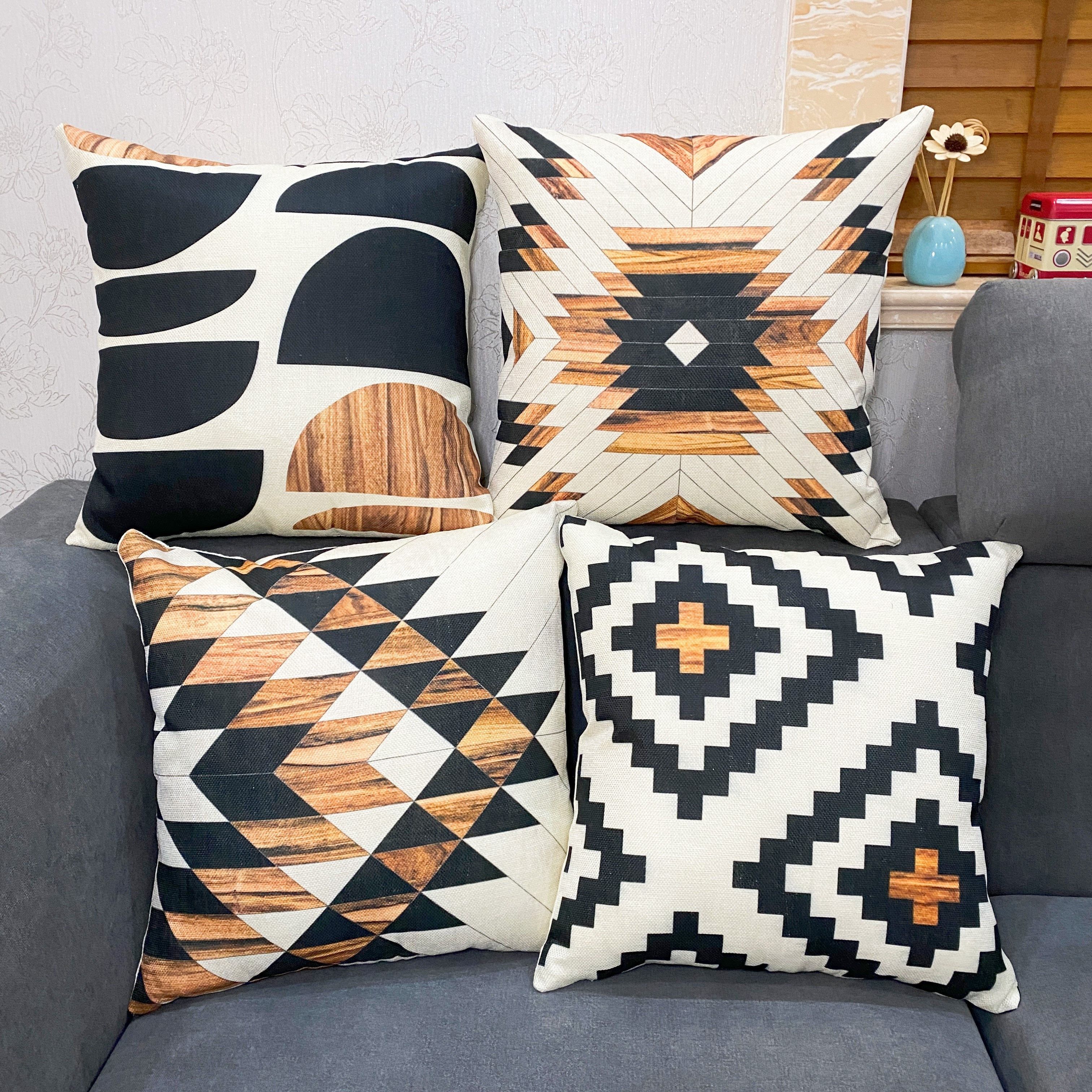 

4pcs Bohemian Wood Vein Ethnic Style Square Linen Cushion Cover, Throw Pillow Cover, Bedroom Accessories, Sofa Cushion Cover, Living Room Throw Pillow Cover (no Pillow Core)
