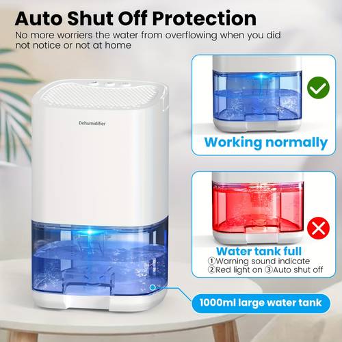 portable air dryer dehumidifier with 1l water tank for home office transparent blue indicator auto shut off protection square shape no battery needed purifier transparent tank for home