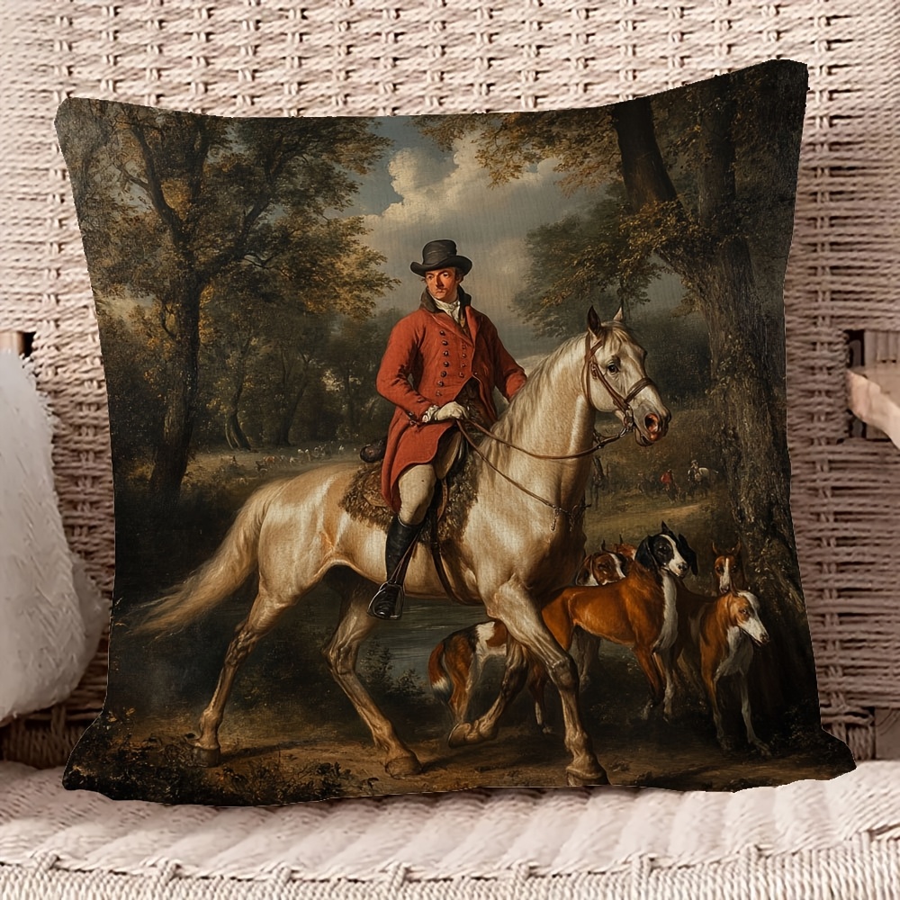 

1pc Traditional-style Horse Hunting Scene Decorative Pillow Cover, 18x18 Inch, Short Plush Polyester, Zipper Closure, Hand Wash, Single-sided Print For Sofa, Living Room, Bedroom, Office - Yabd2766