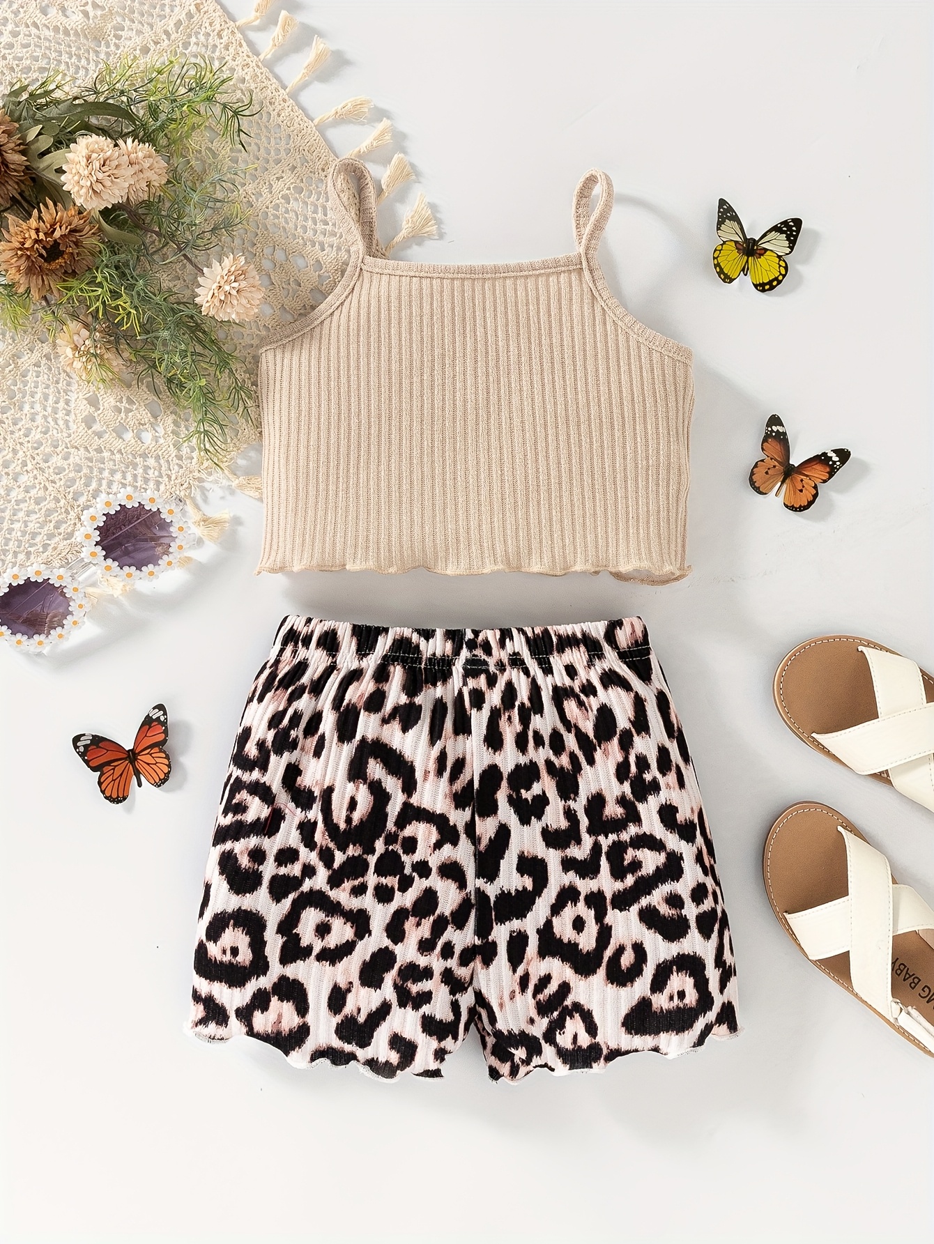 girls' summer outfit: leopard print shorts spaghetti strap Temu