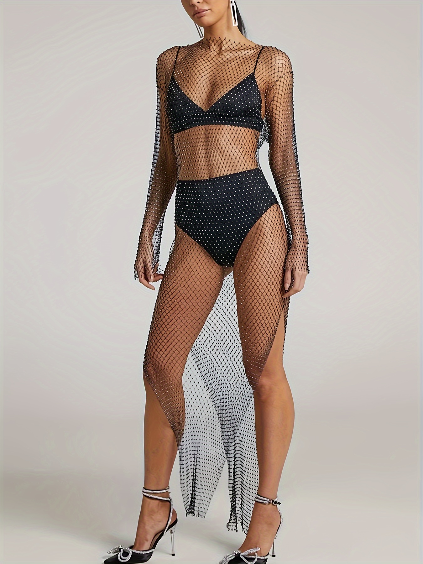 Backless Fishnet Dress Sexy Solid Long Sleeve Mini Club - Temu