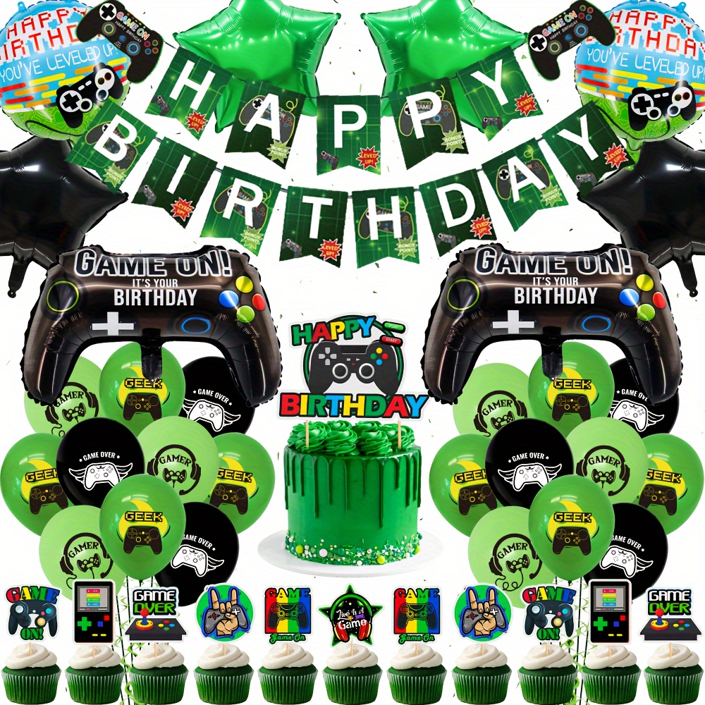 

54pcs Video Game Birthday Party Kit For Boys - Theme With Banner, Cake Toppers, Controller Foil Balloons & More - Reusable Self-sealing Decorations