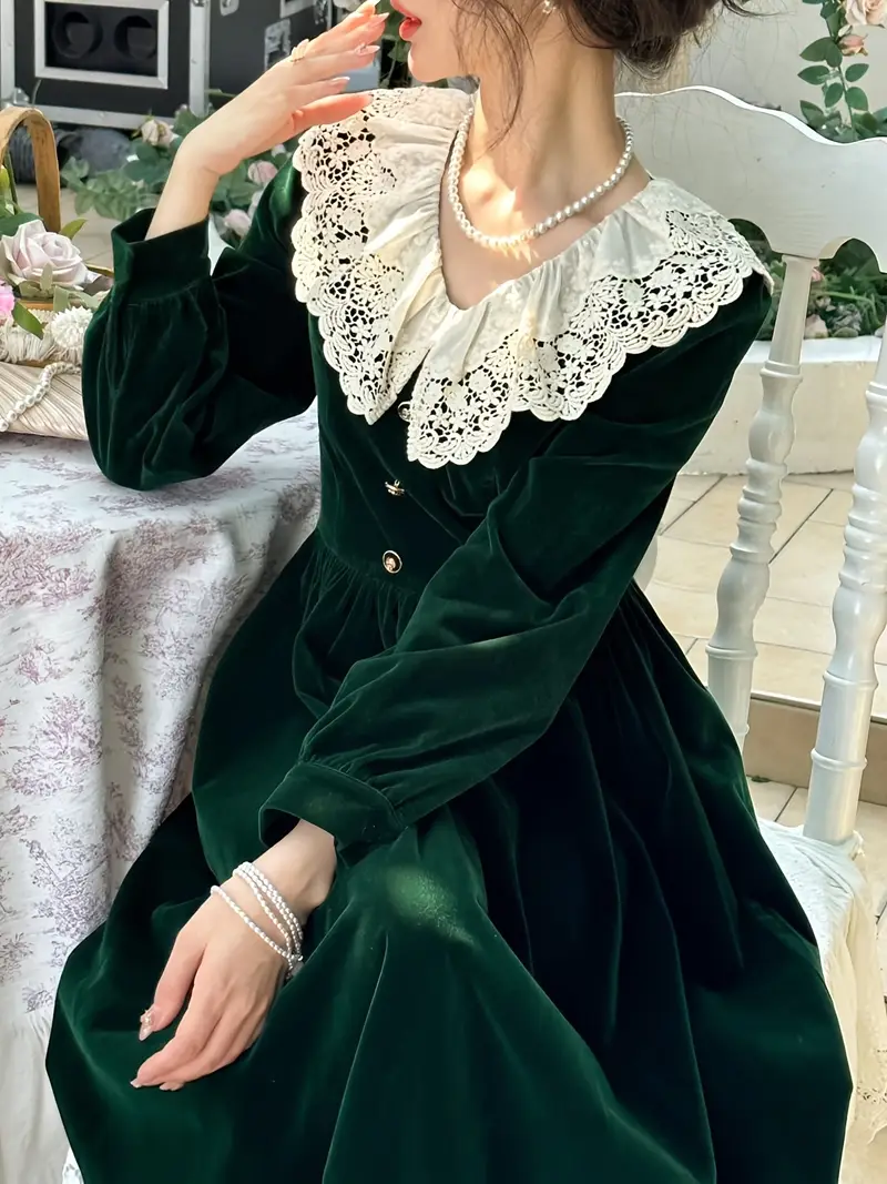vintage court style lace trim velvet dress women - Temu Qatar vintage court style lace trim velvet dress women - Temu Qatar