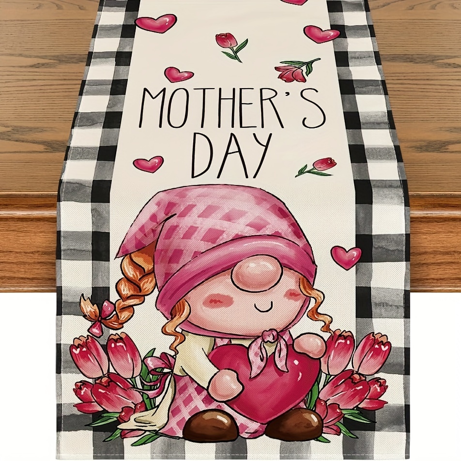 

1pc, Table Runner, Tulips Pink Gnome Buffalo Plaid Pattern Mother's Day Table Runner, Kitchen Dining Table Decoration For Home, Holiday Decor, Party Tableware Supplies