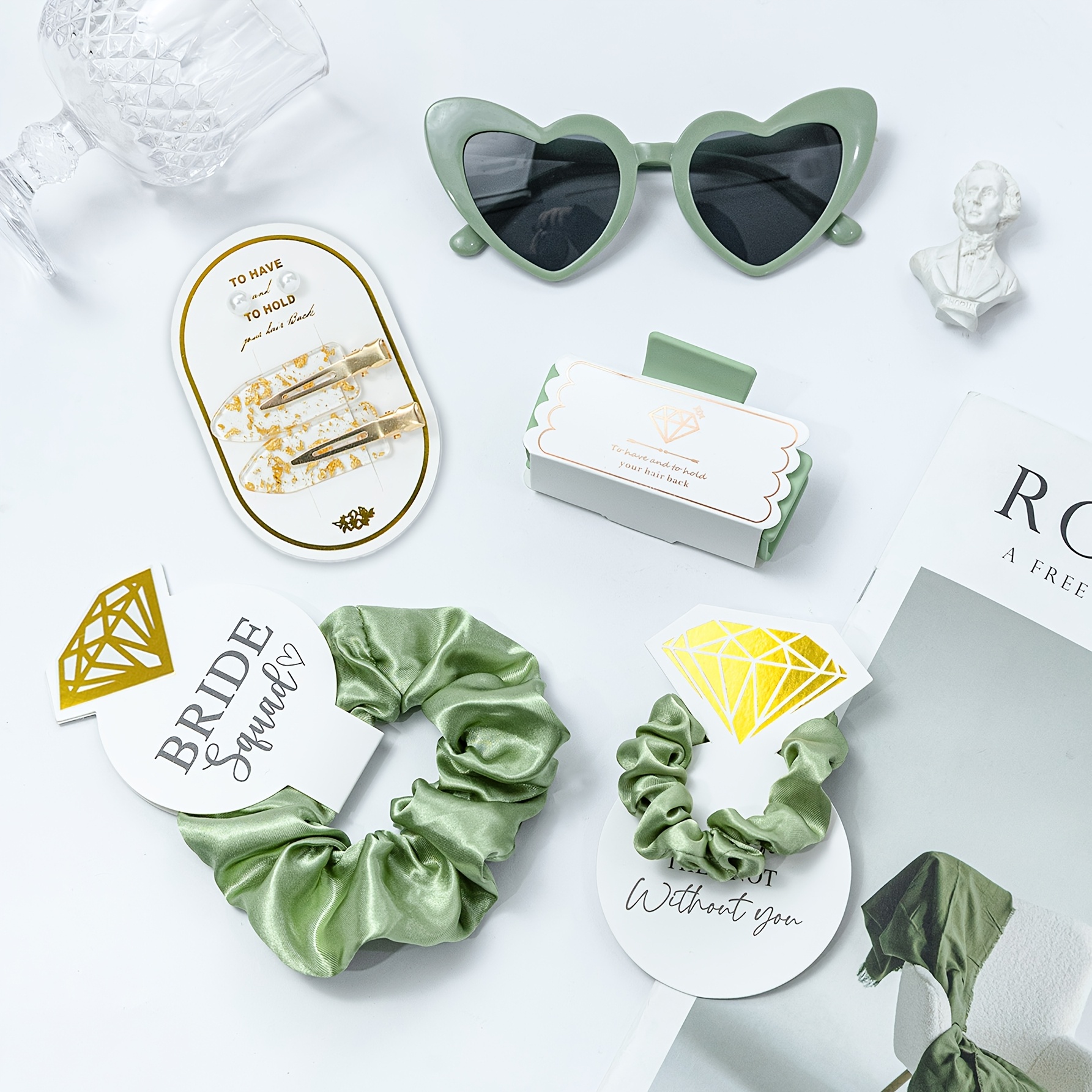 TEMU Sage Green Satin Hair Scrunchies Party Card, Suitable For Bride And Bridesmaid Gifts, 5pcs Set