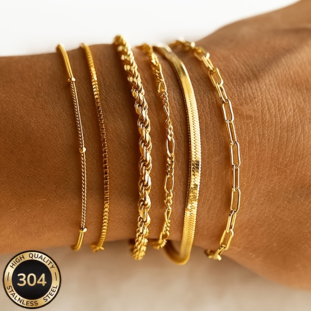 TEMU 6pcs 18k Golden Plated Women's Bracelet Set, 304 Stainless Steel Stackable Chain Bracelet Set, Waterproof And Hypoallergenic Exquisite