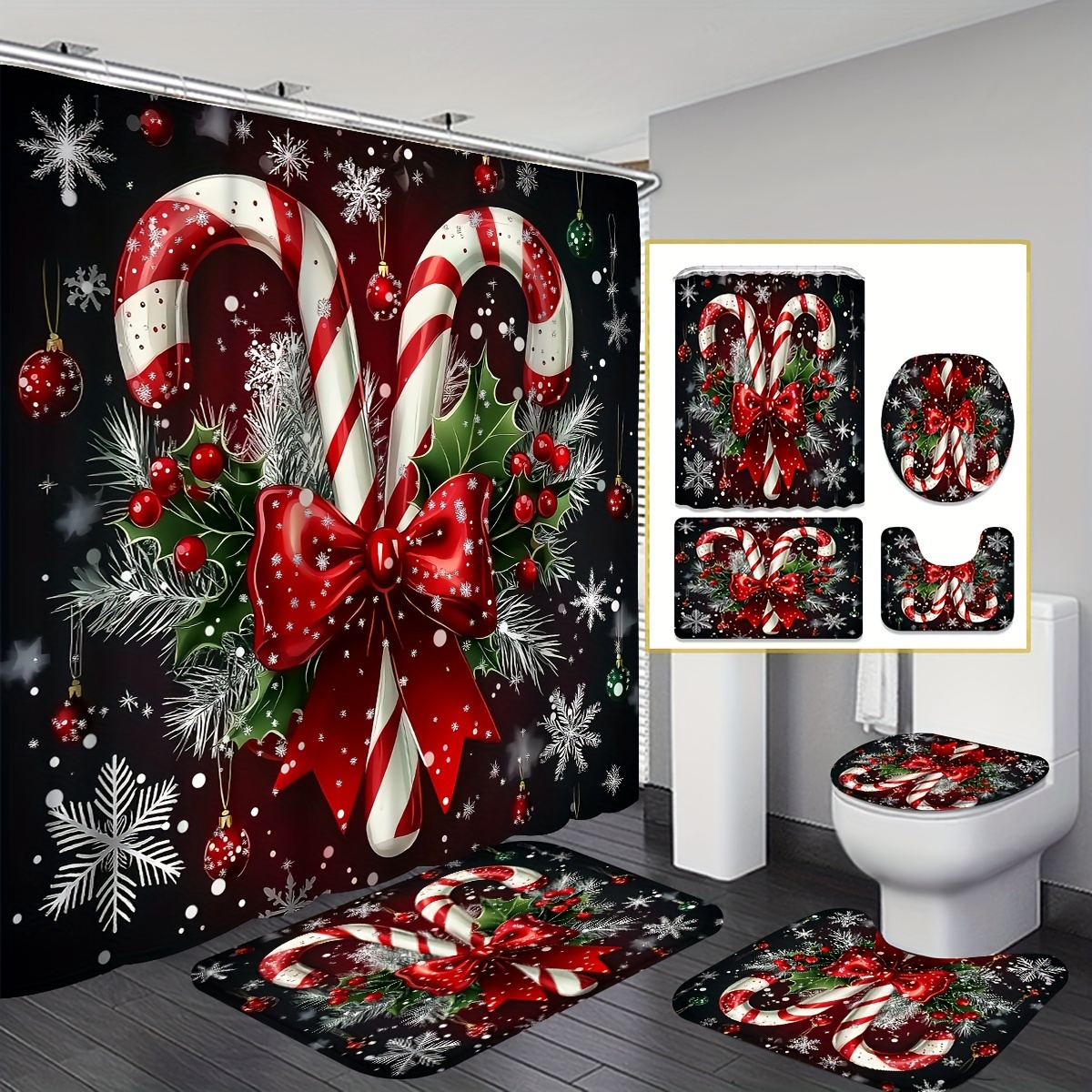 

Christmas Shower Curtain Set - 1/4pcs Set, Candy Cane And Holly Pattern, Non-slip Bath Mat, U-shaped Toilet Seat Cover, Includes 12 Hooks, Machine Washable Polyester, Suitable For Decoration