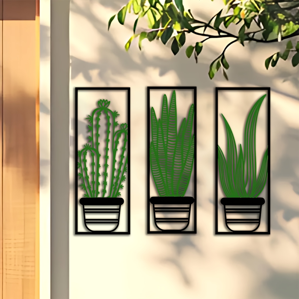 TEMU Juego de 3 piezas de pared moderno de metal con cactus, medidas de 13.78X5.12 pulgadas - Diseño de suculentas con marco negro, ideal para la
