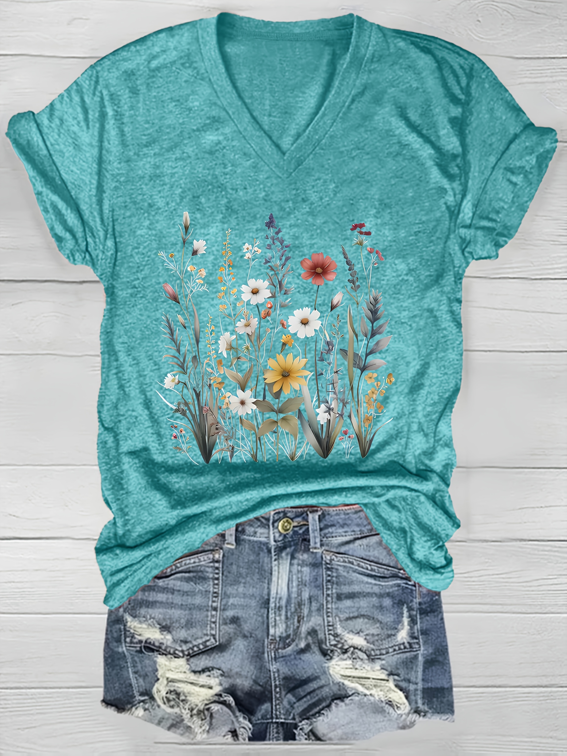 2024 Cross-border European and American Women's V-Neck Loose Casual Short Sleeve Top Layering T-Shirt