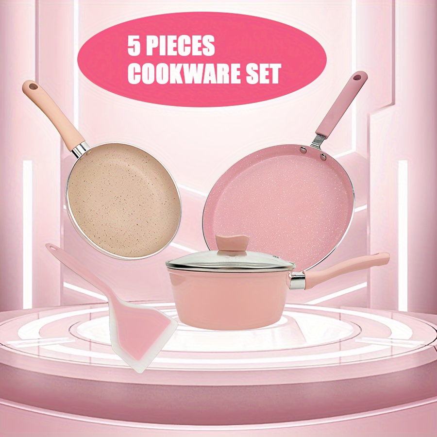 

5pcs Pink Aluminum Cookware Set - , Easy-clean Pans With Heat Resistance & Dishwasher Safe For Healthy Cooking