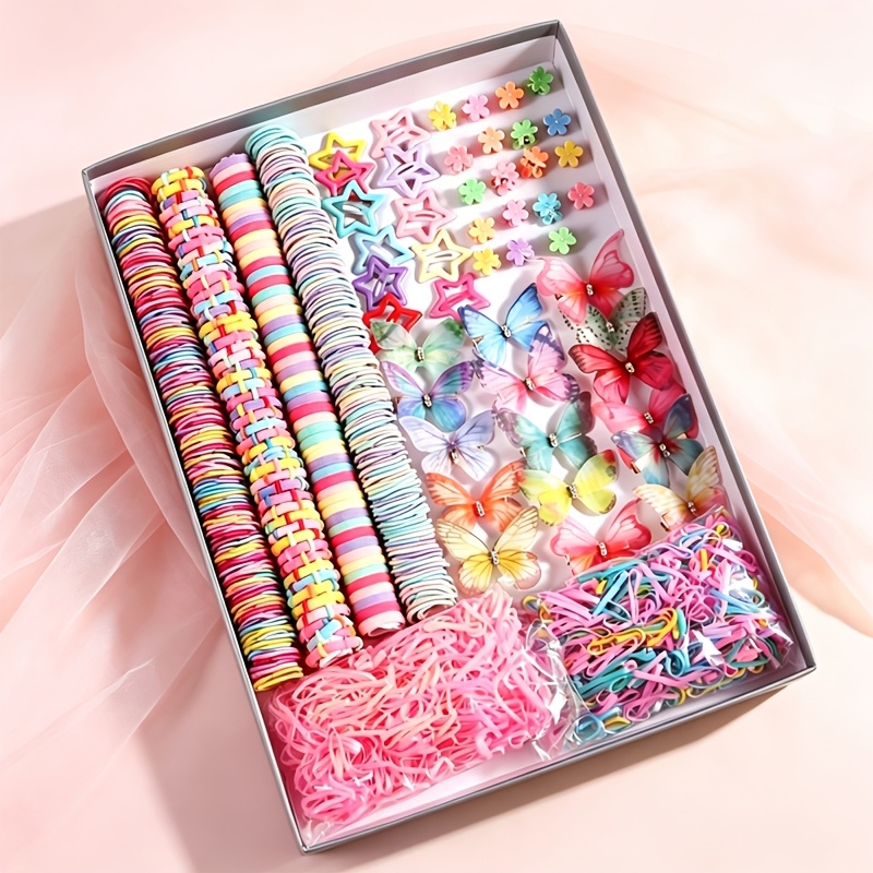TEMU Ensemble d'accessoires pour cheveux Sweetheart Dopamine de 881 pièces | Élastiques à cheveux haute élasticité + pinces à cheveux nœud et étoile,