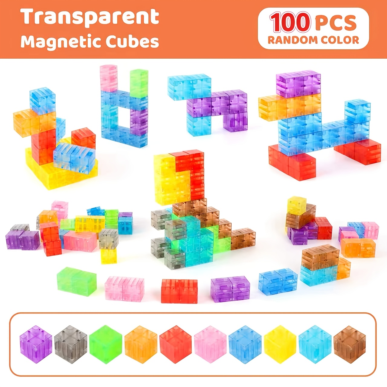 Image of 100pcs Magnetic Blocks | Random Color Transparent Magnetic Building Cubes | Stem Construction Toy | Creative Stacking Shape Building Blocks | Halloween Christmas Birthday Gift For Boys And Girls