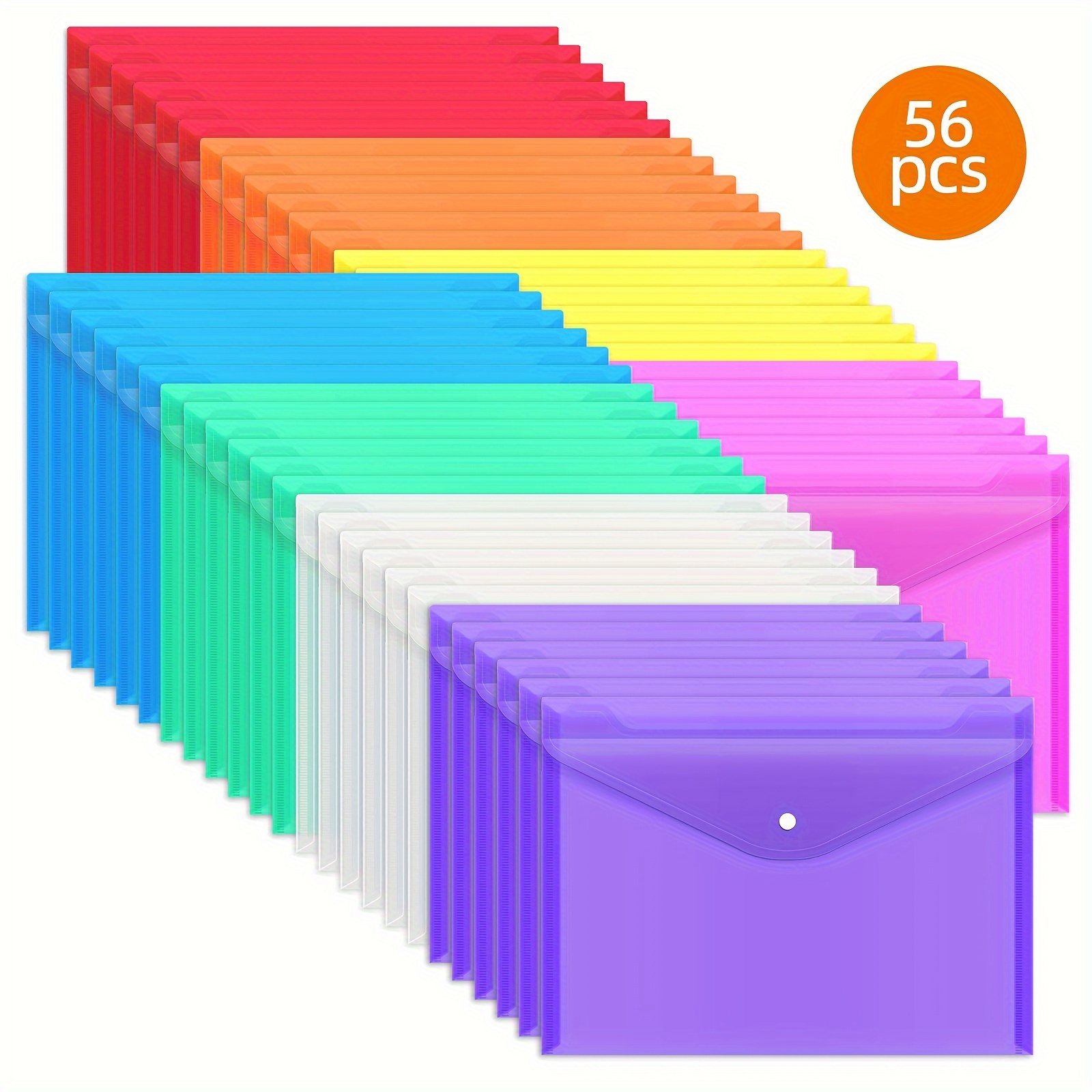 

56 Pack Plastic Envelopes Poly Envelopes With Snap Closure, Clear File Folders, A4 Letter Size For School Home Organization, 8 Colors, 13in