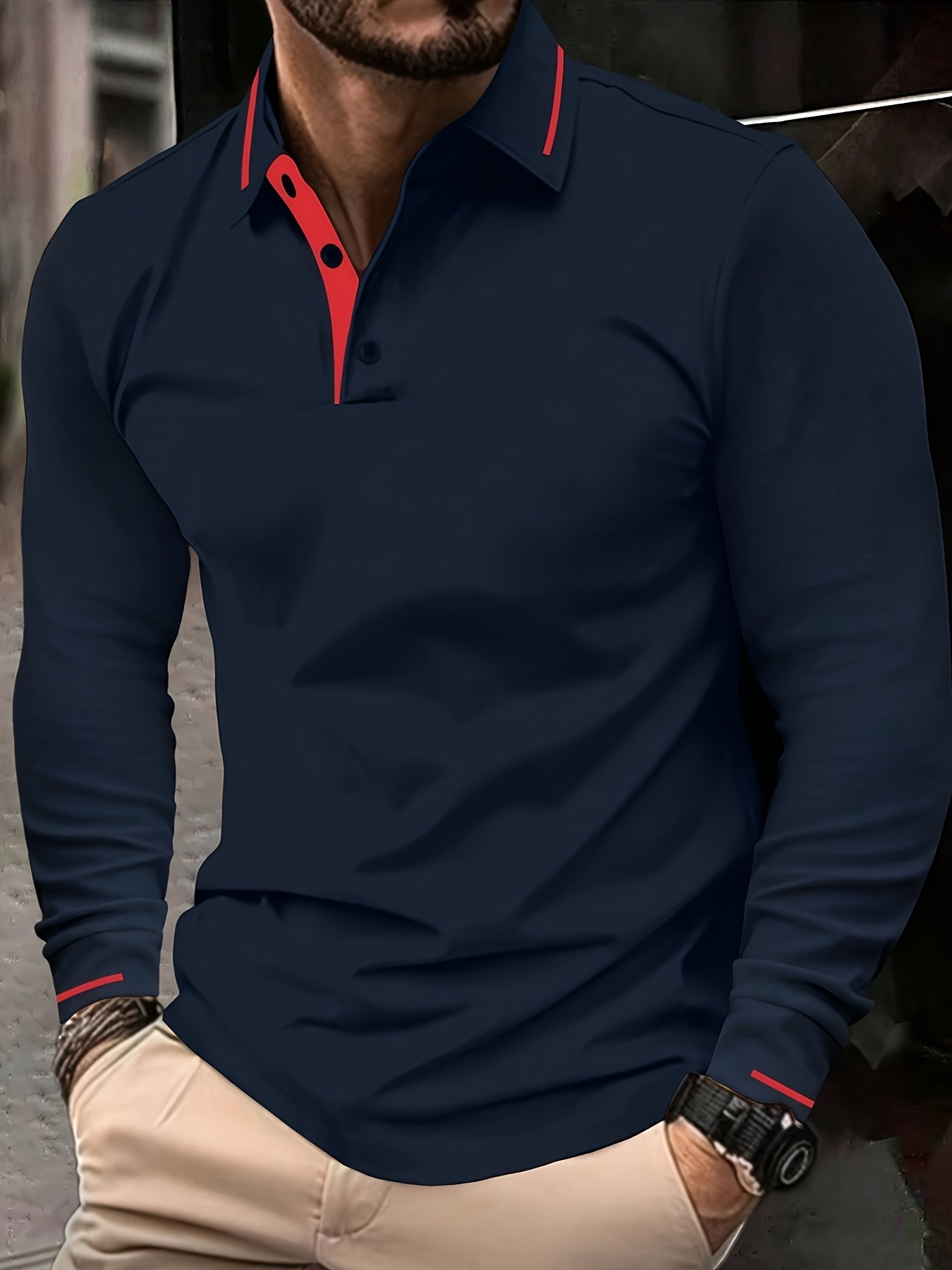 mens fashion long sleeve   shirt casual golf wear   stretch rib knit details    