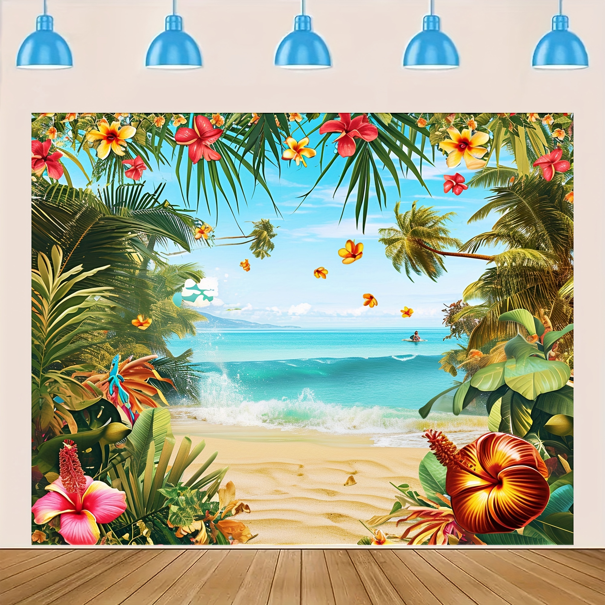 Tropical Themed Background Flowers Leaves Trees A Beach In - Temu