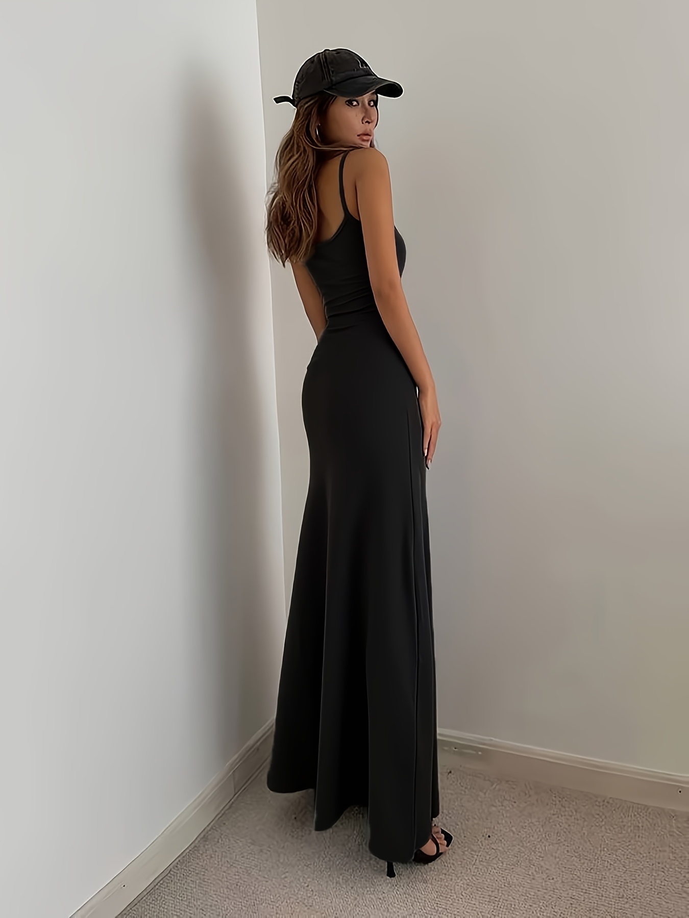 elegante zwarte bodycon midi jurk met spaghetti bandjes sexy