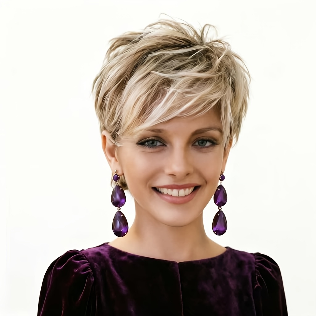 short blonde wigs suitable for white women layered     bangs elastic synthetic   wig for stage performances theater daily wear blonde suitable for   use