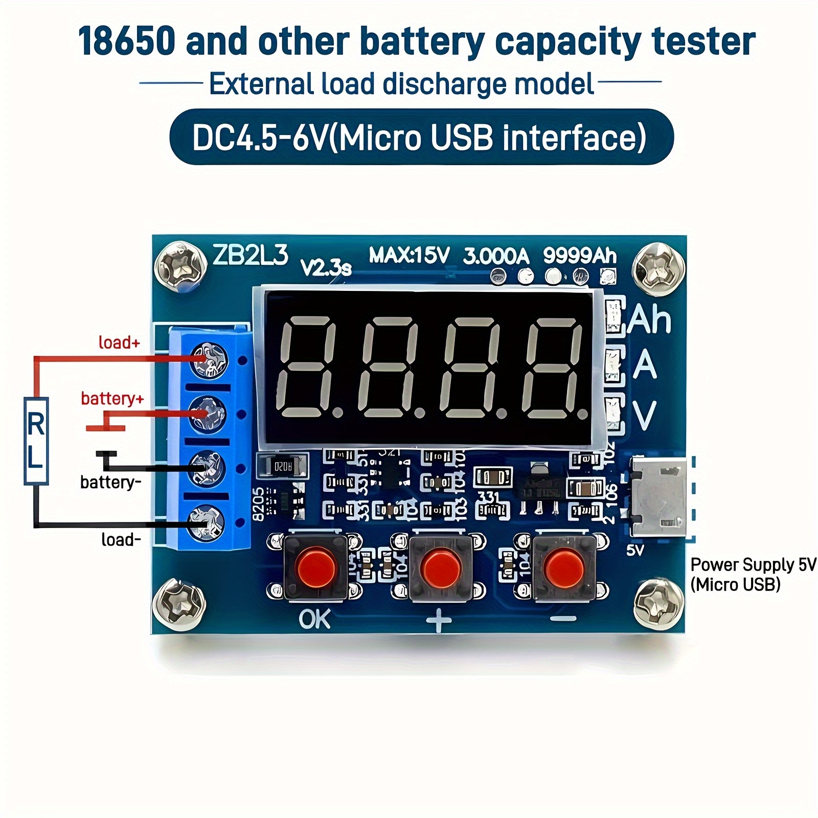 

1.2-12v Battery Tester External , Supports Up To 3a For 18650 &