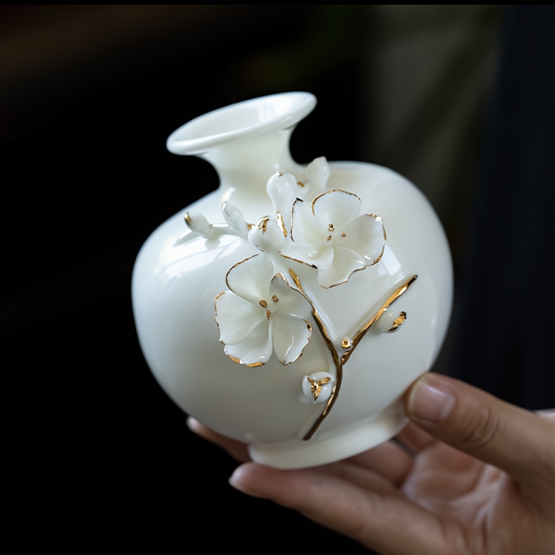 Image of Handcrafted Ceramic Plum Ball Vase With , Traditional , White Porcelain Entryway Display Shelf Ornament