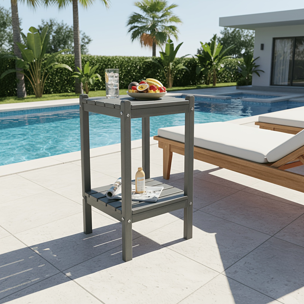 Outdoor HDPE Double-layer High Side Table, Leisure Side Table with Double-Layer Storage Design, Multifunctional Small Coffee Table, for Courtyard, Pool, Terrace And Balcony, Gray