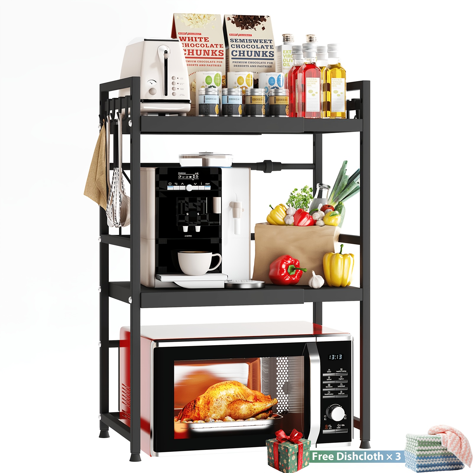 TEMU 3-tier Extendable Microwave Oven Rack, Adjustable Width (40cm-64cm), Adjustable Height, With 6 Hooks And A Cutting Board Holder. Air Fryer Rack,