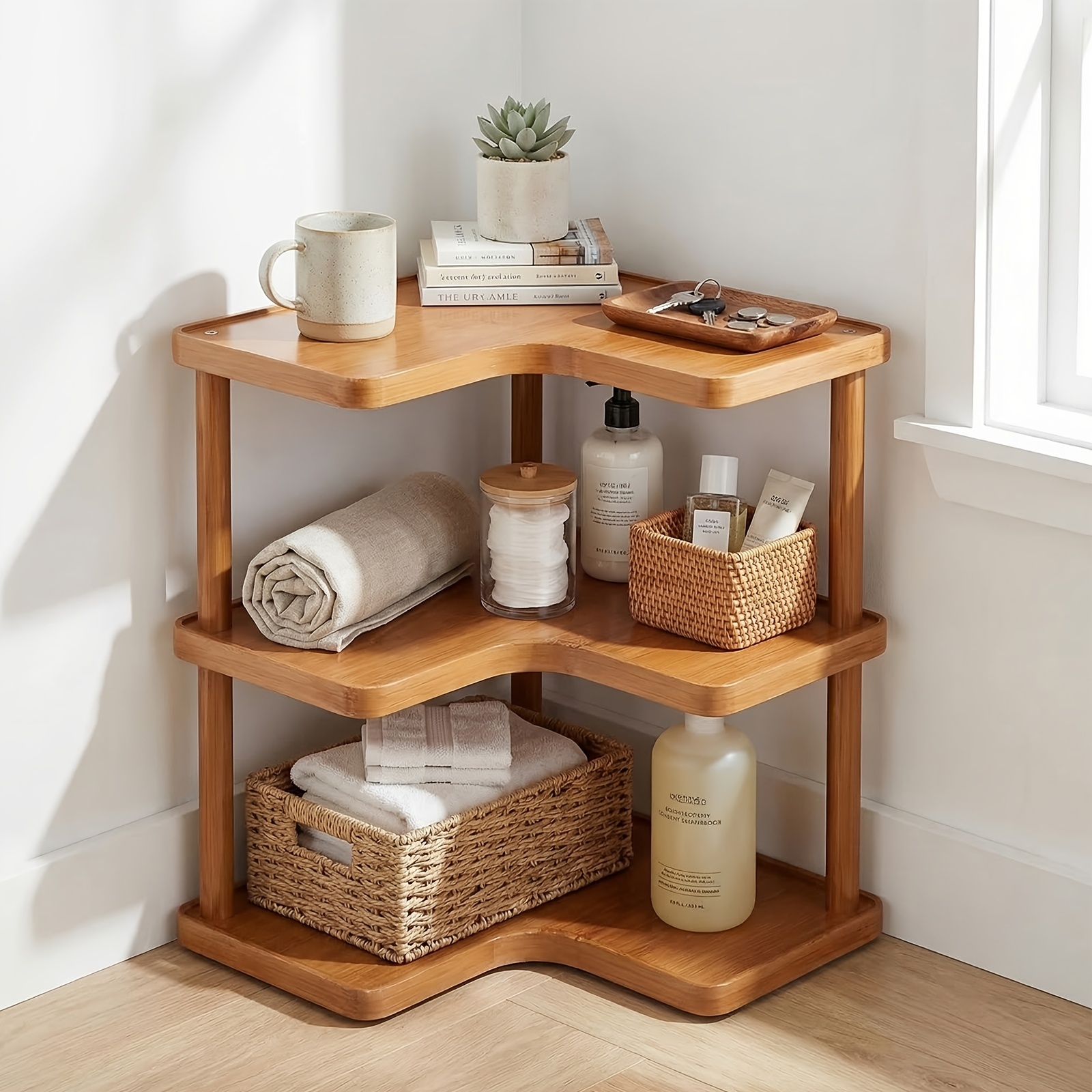 3 Tier Corner Desktop Organizer, Wooden Countertop Storage Shelf, Space Corner Display Rack For Kitchen, Office Desk, Bathroom, Spice Rack Storage, Corner Shelves