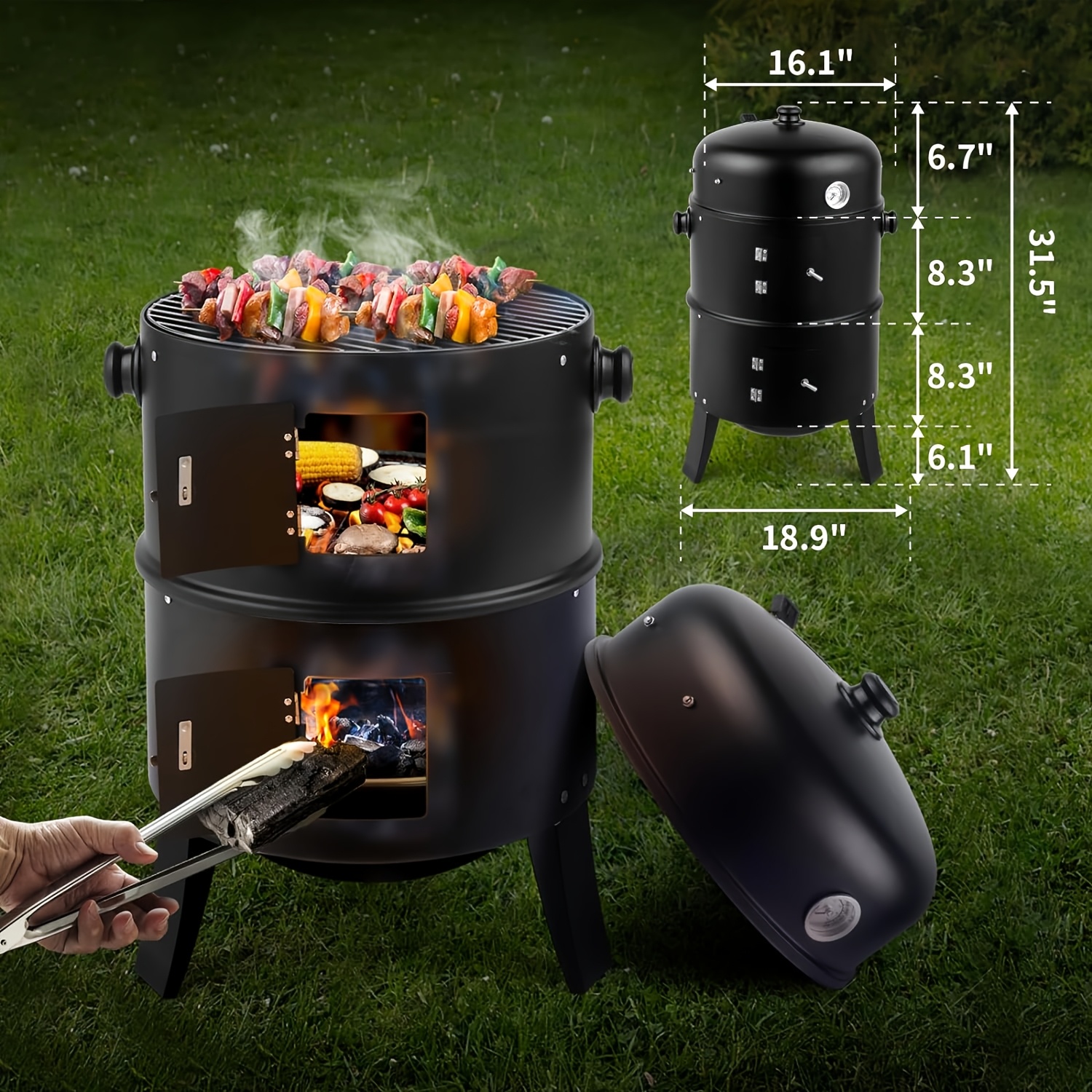 Vertical Charcoal Smoker Grill - 17-Inch 3-Tiers, Portable Zinc Alloy BBQ Grill with Temperature Control, 3 Cooking Levels & Griddle Top, Includes Handles Grates & Tongs, for Camping Backyard Outdoor Cooking, Compact Design, Durable Construction