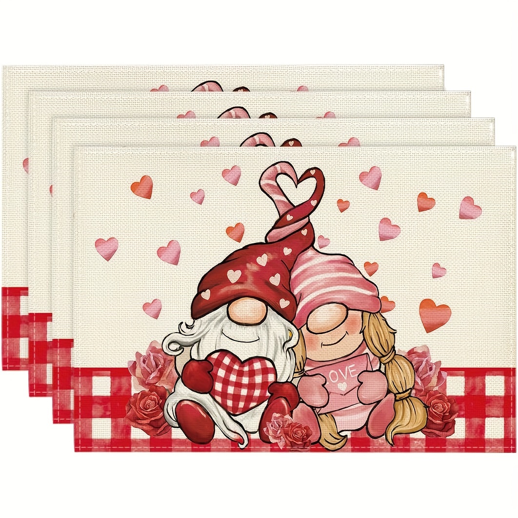 

Valentine's Day Placemats Set Of 4 - Linen Woven Rectangular Table Mats, Machine Washable, Couple For Romantic Dinners And Party Decor, 12x18 Inches