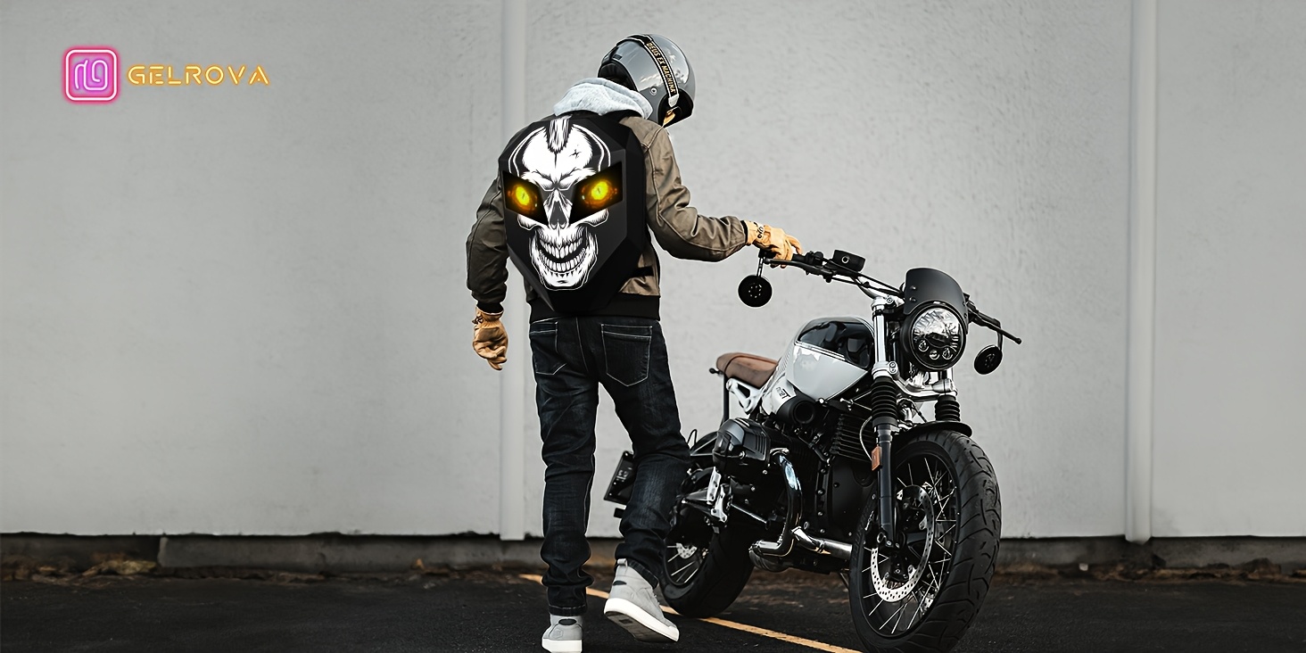 Sac à dos de moto avec LED, 48.26 cm de taille, extensible pour plus d'espace de rangement, contrôlé via une application, avec un design œil de démon, construction rigide, adapté aux motards, affichage, élégant, parfait comme cadeau