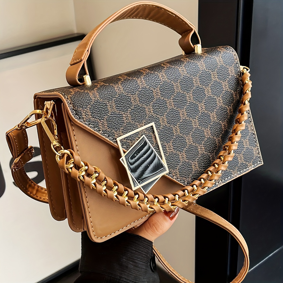 

Elegant Geometric Pattern Top-handle Handbag For Women - Dark Brown Pu Leather With Magnetic Closure, Polyester And Chain Accent - Designer Style Shoulder Bag