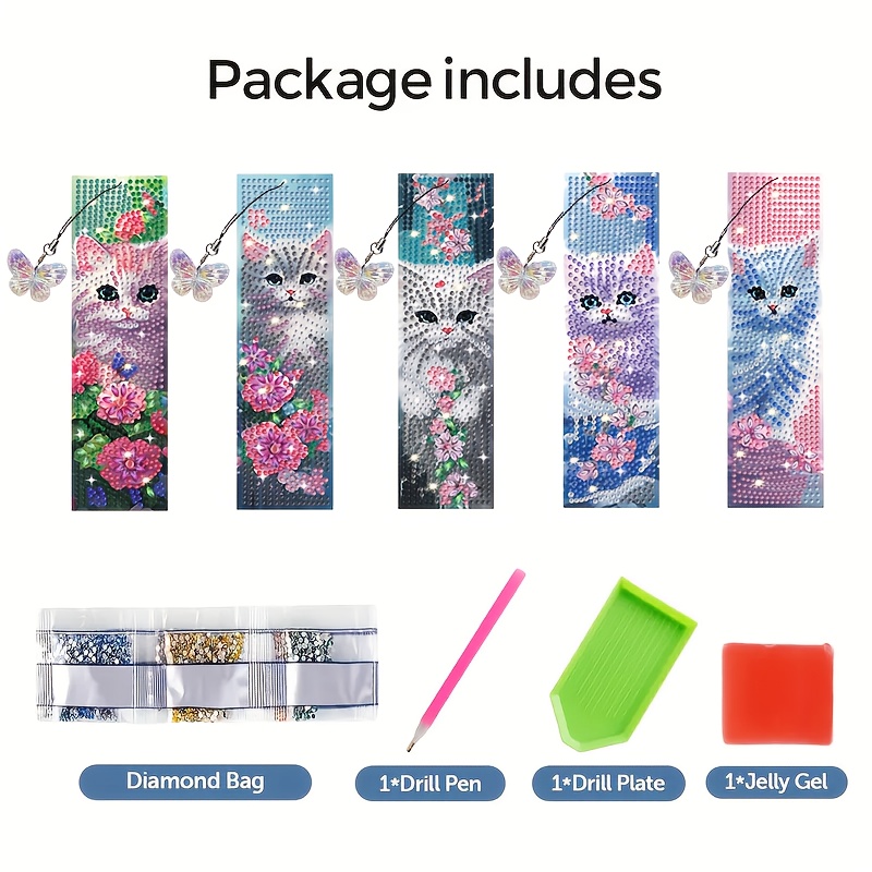 Image of 5pcs Diamond Painting Diy Bookmark Kit, Diamond Painting Beginner Kit, Cat And Flower Patterns, Sparkling Gemstone Effect, Pet Material, Waterproof. Reading Companion, For
