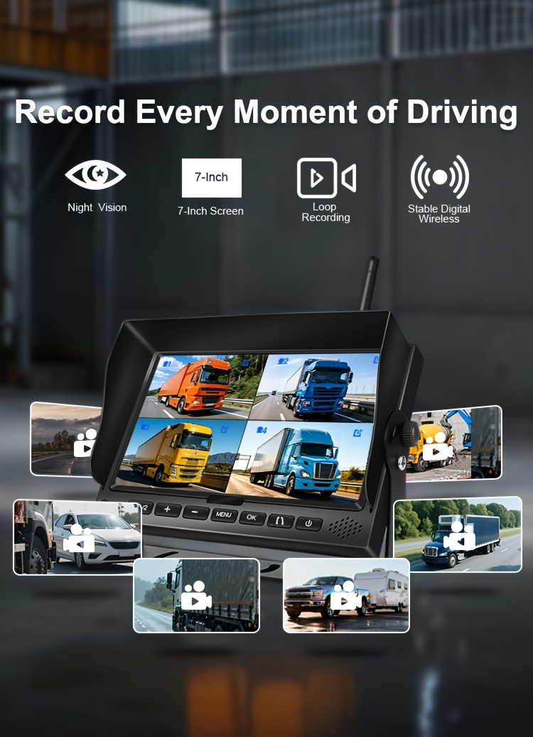 7 Inch Monitor 4CH Wireless Backup Camera System with DVR Recorder for Engineering Vehicle/Truck