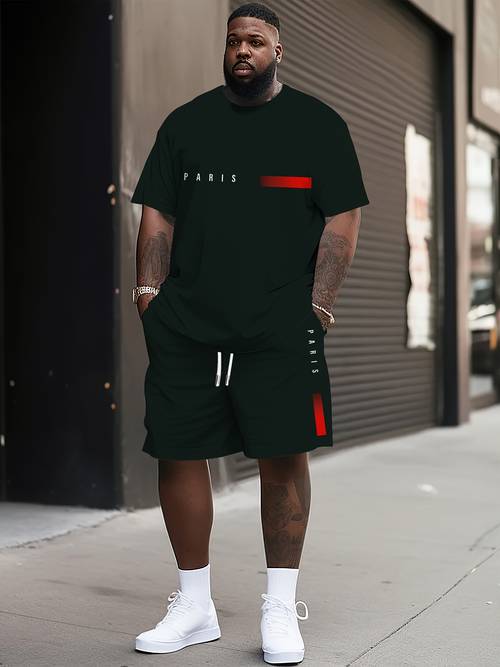 plus size mens paris print short sleeve t shirt shorts set casual sporty outfit beige with red detail polyester blend spring summer ideal gift