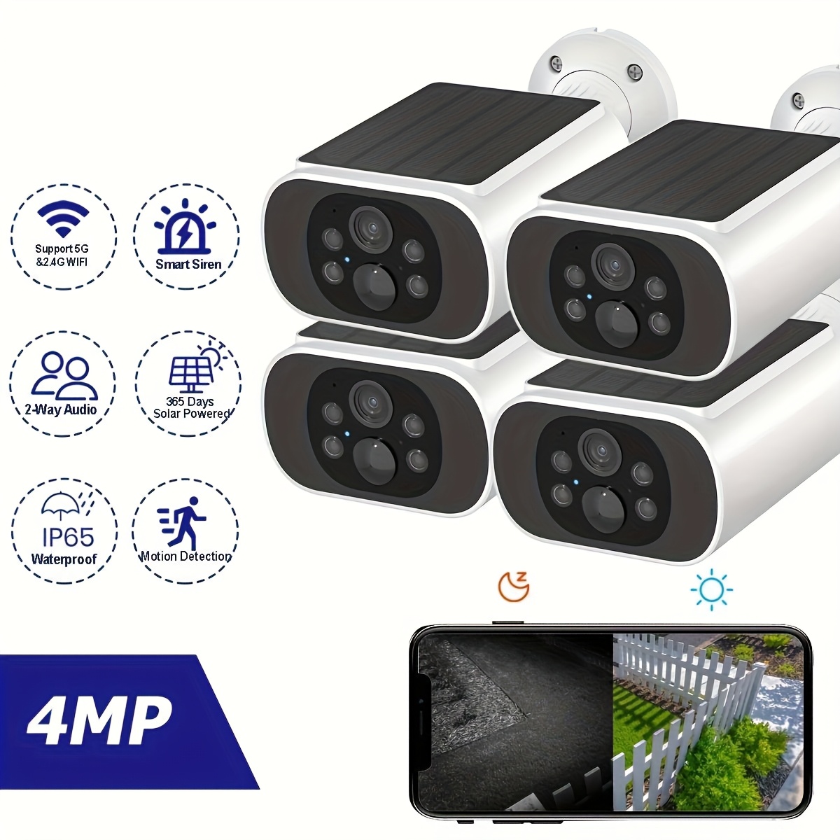 TEMU 4mp Solar-powered Outdoor Camera Wireless, Home Security System With Integrated Solar Panel, Color & B/w Night Vision , High Quality, Motion