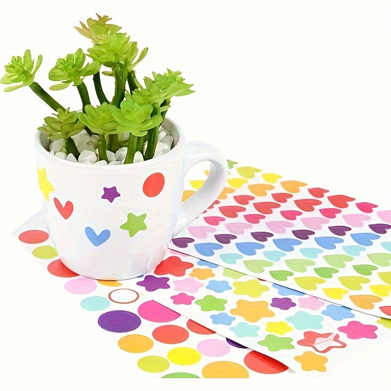 18 Sheets, 1512 Count Colorful Heart, Star, and Dot Stickers - Paper Adhesive Seals for Scrapbooking and DIY Crafts, Single Use, Glossy Finish