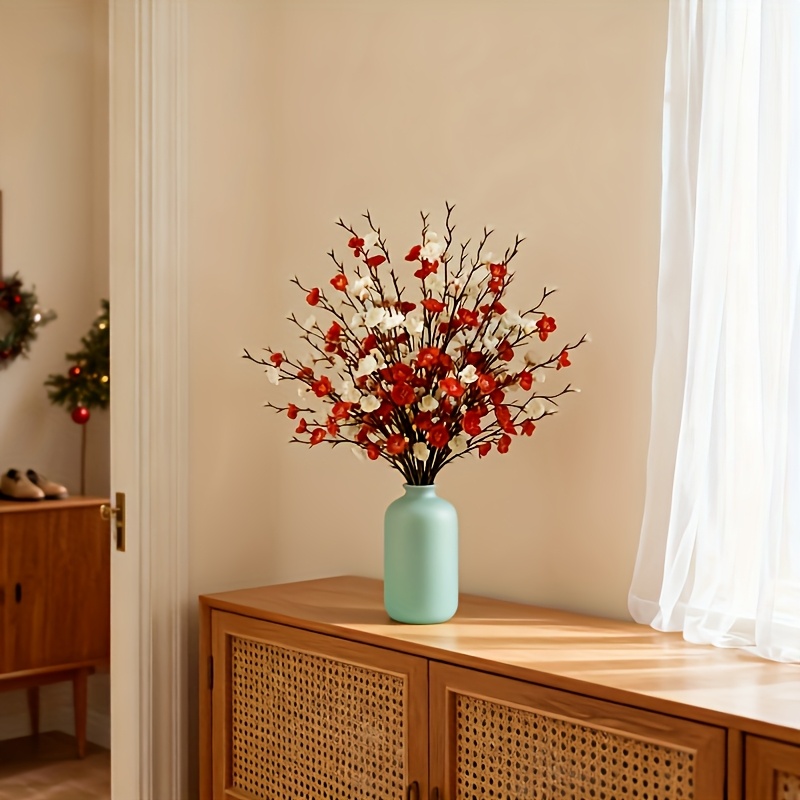 60 Flores de Ciruelo Artificiales en Rojo y Blanco, Empaquetadas en Sets de 6, Ideales para Decoración del Hogar, Salas de Estar, Oficinas, Bordes de Ventanas, Jardines, Arreglos Florales de Hotel, Centros de Mesa de Boda, Manualidades para Fiestas de Compromiso, Regalos de Cumpleaños