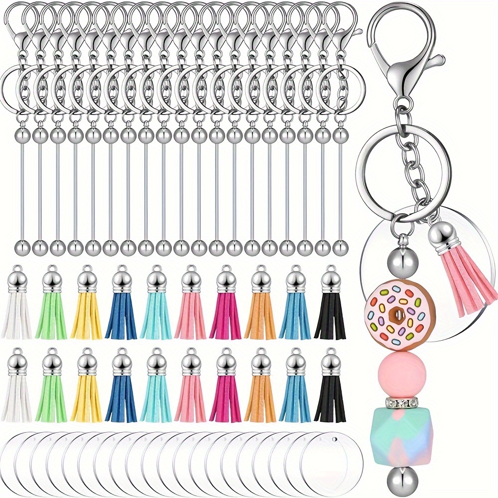 

30/60pcs Beadable Keychain Bars Including Silver Blanks Bead Keychain And Colorful Leather Keychain Tassels Bulk For Jewelry Making Key Chains Acrylic Blanks Tassels For Diy Keychain