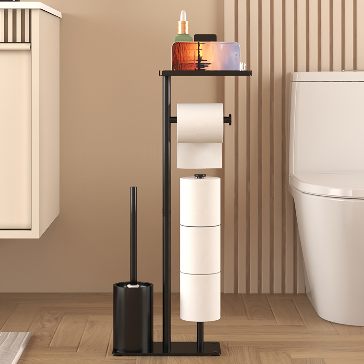 1pc Freestanding Toilet Paper Holder with Storage - Self-Adhesive, Wrought Iron Bathroom Accessory for Tissues & Rolls, Toilet Paper Dispenser, Living Room, Christmas/Halloween Gift Decoration - Unfinished