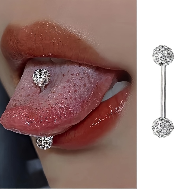 Image of 1pc Titanium Alloy Smooth And Comfortable Hypoallergenic Tongue Stud With Sparkling Rhinestones, Internal Thread Tongue Stud, Ear Stud, Tongue Ring Piercing Jewelry