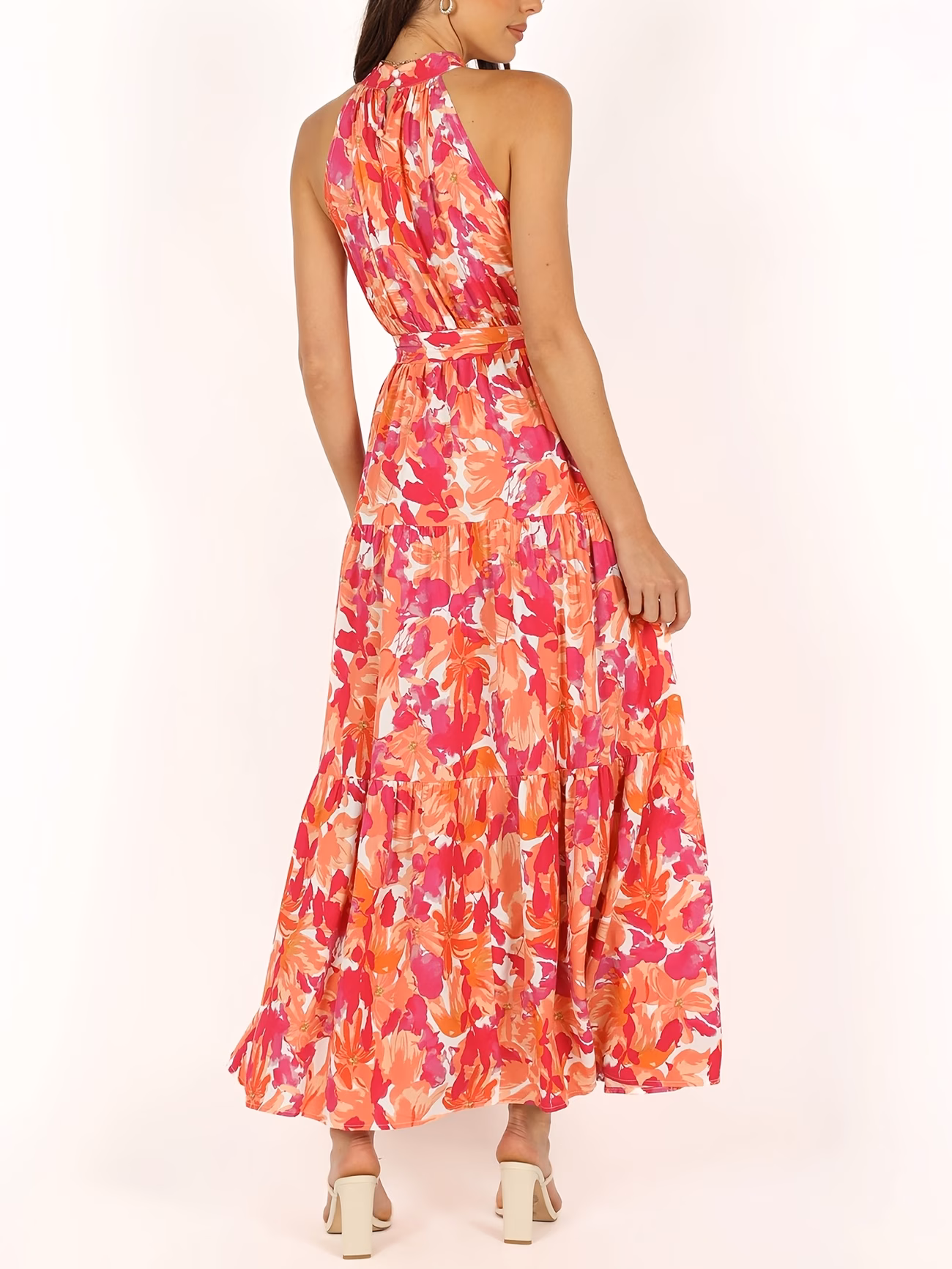 robe bohème style vacances taille haute ceinture évasée coupe trapèze imprimé floral longue 2