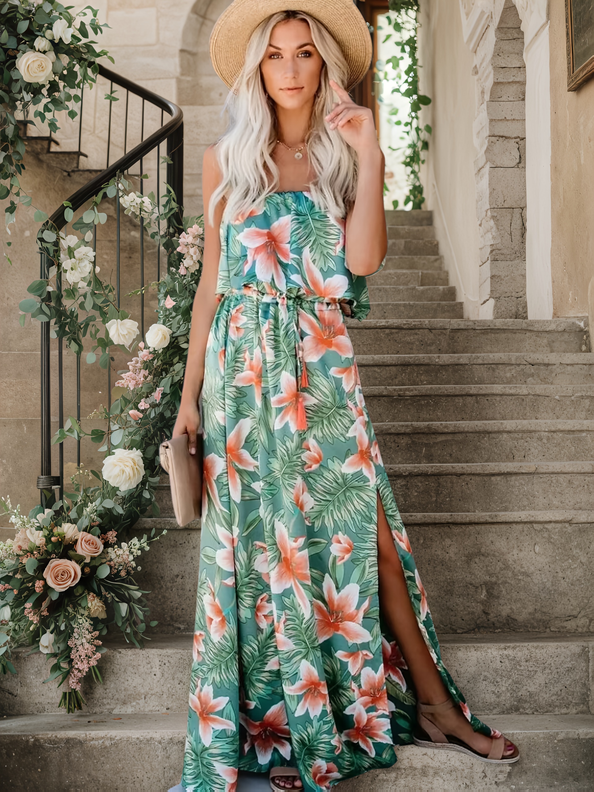 womens tropical floral print shoulder backless maxi dress - Temu Hungary