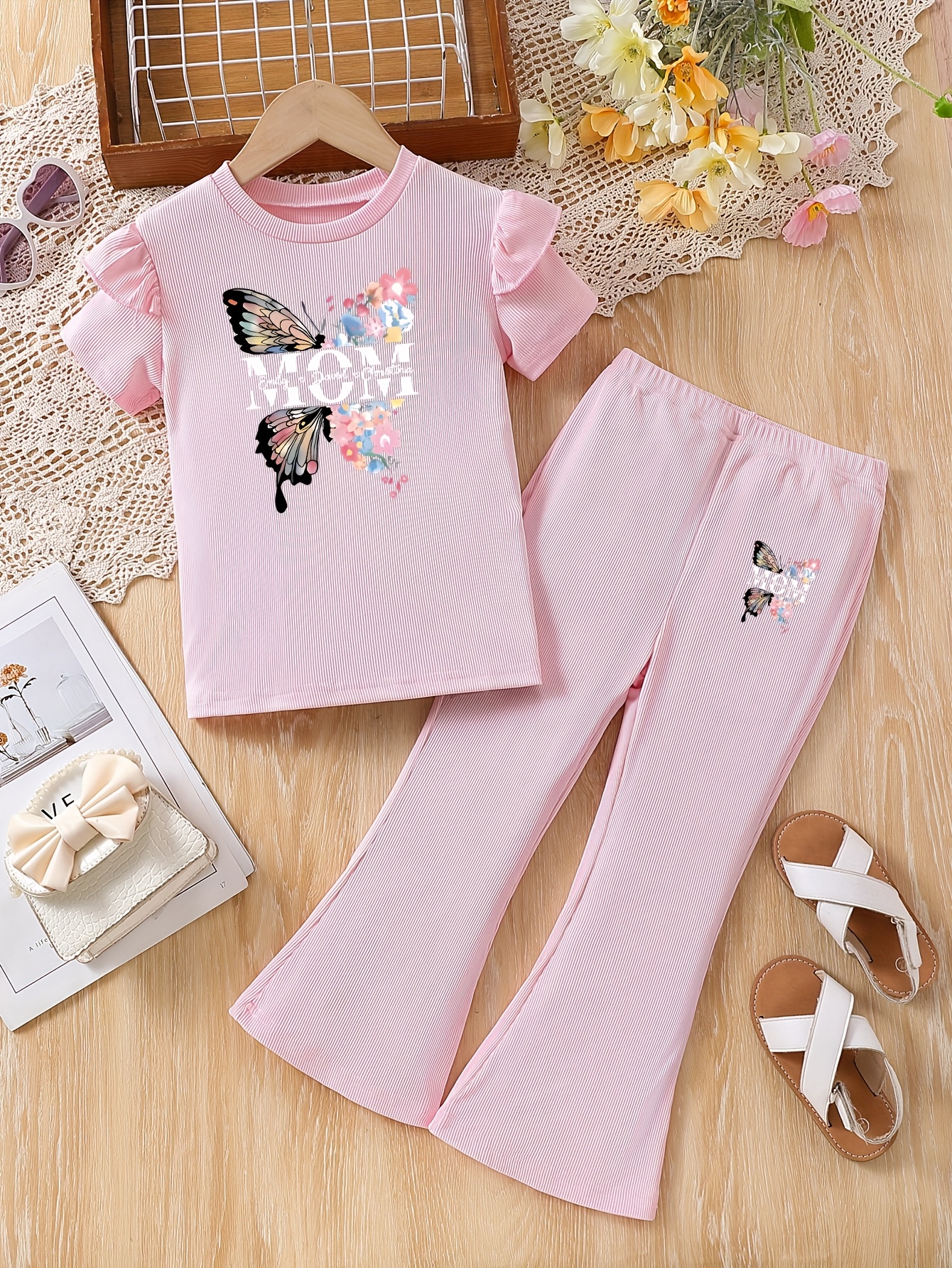 2pcs set of girls' trousers suit with Fashion Glasses and fashionable  cartoon print summer *'s clothing round neck short-sleeved top sweatshirt 