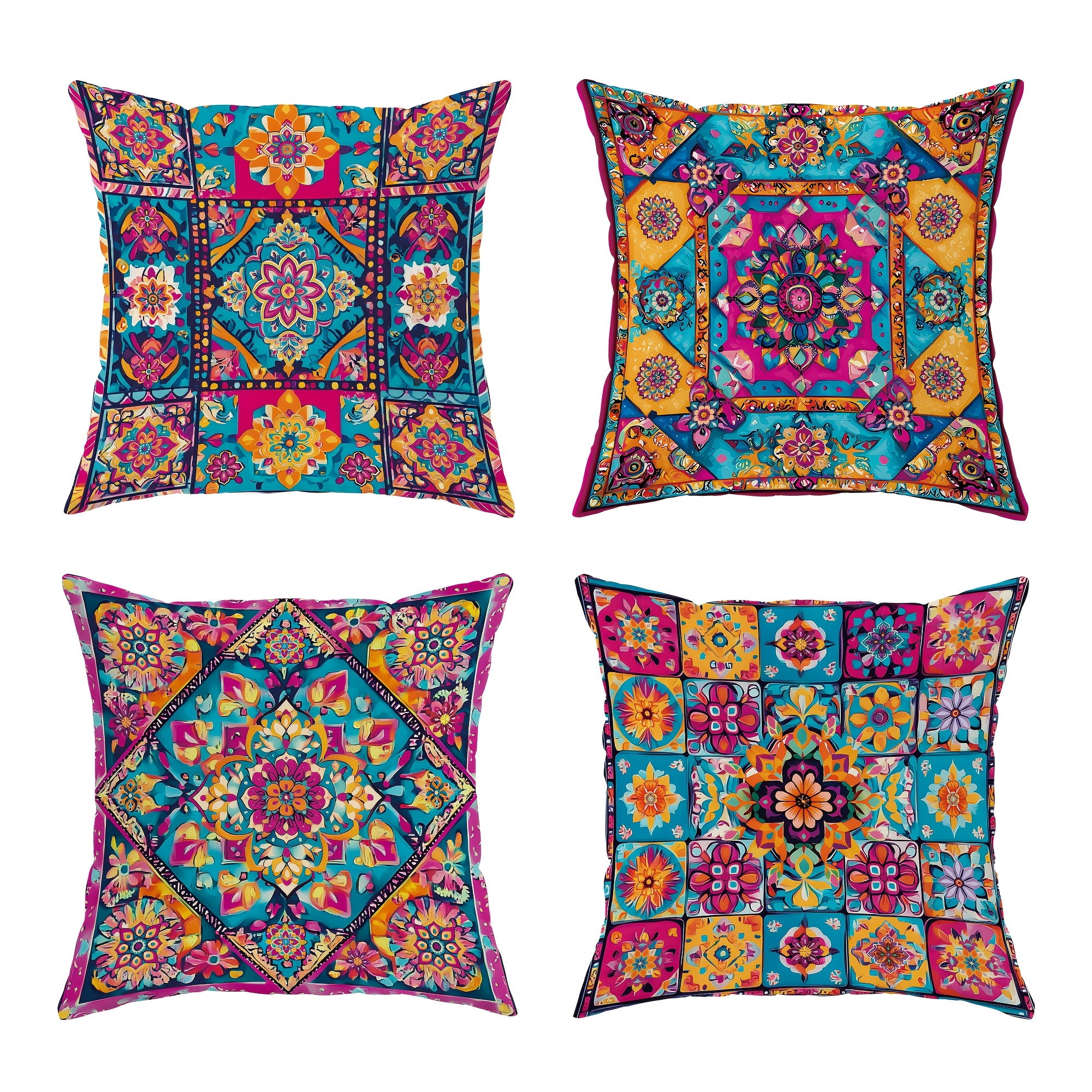 

4pcs Persian Pattern Velvet Throw Pillow Covers Bohemian Morocco Blue Yellow Pink Decorative Pillowcases One-sided Printing For Living Room Bedroom Sofa Bed Decor Without Pillow Inserts