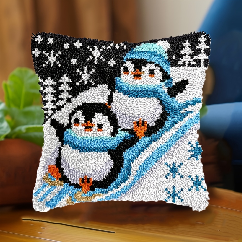 Image of Skiing Penguins Christmas Latch Hook Kits For Adults, Beginners Cute Aniamls Winter Latch Hook Pillow Kit Pre-printed Latch Hook Rug Kits Cross- Cushion For Home Sofa Decor 17x17in