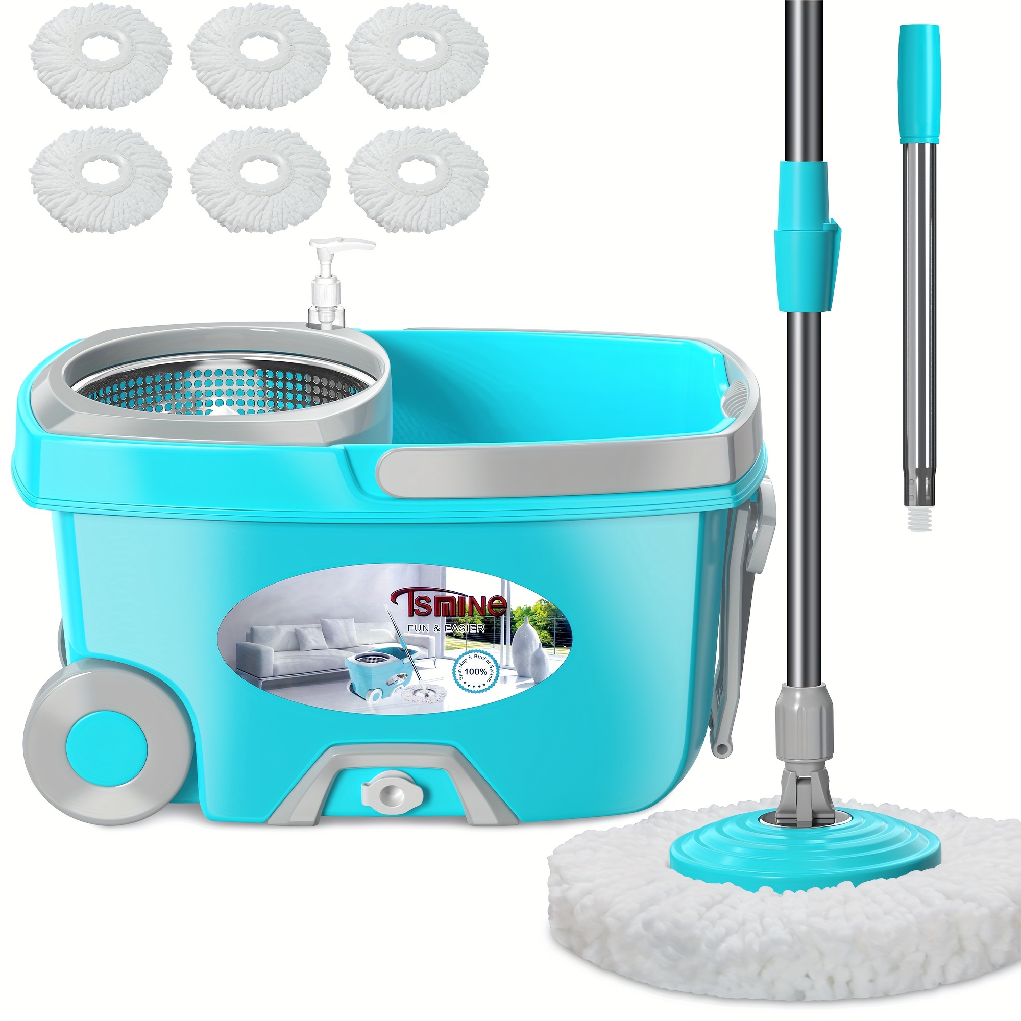 

Funclean Dual Compartment Spin Mop , Mop And Bucket With Wringer Set For Home, 360° Rotating Mopping Floor Cleaning Tool With 6 Microfiber Replacement Head, 61" Extended Handle, 2x Wheel