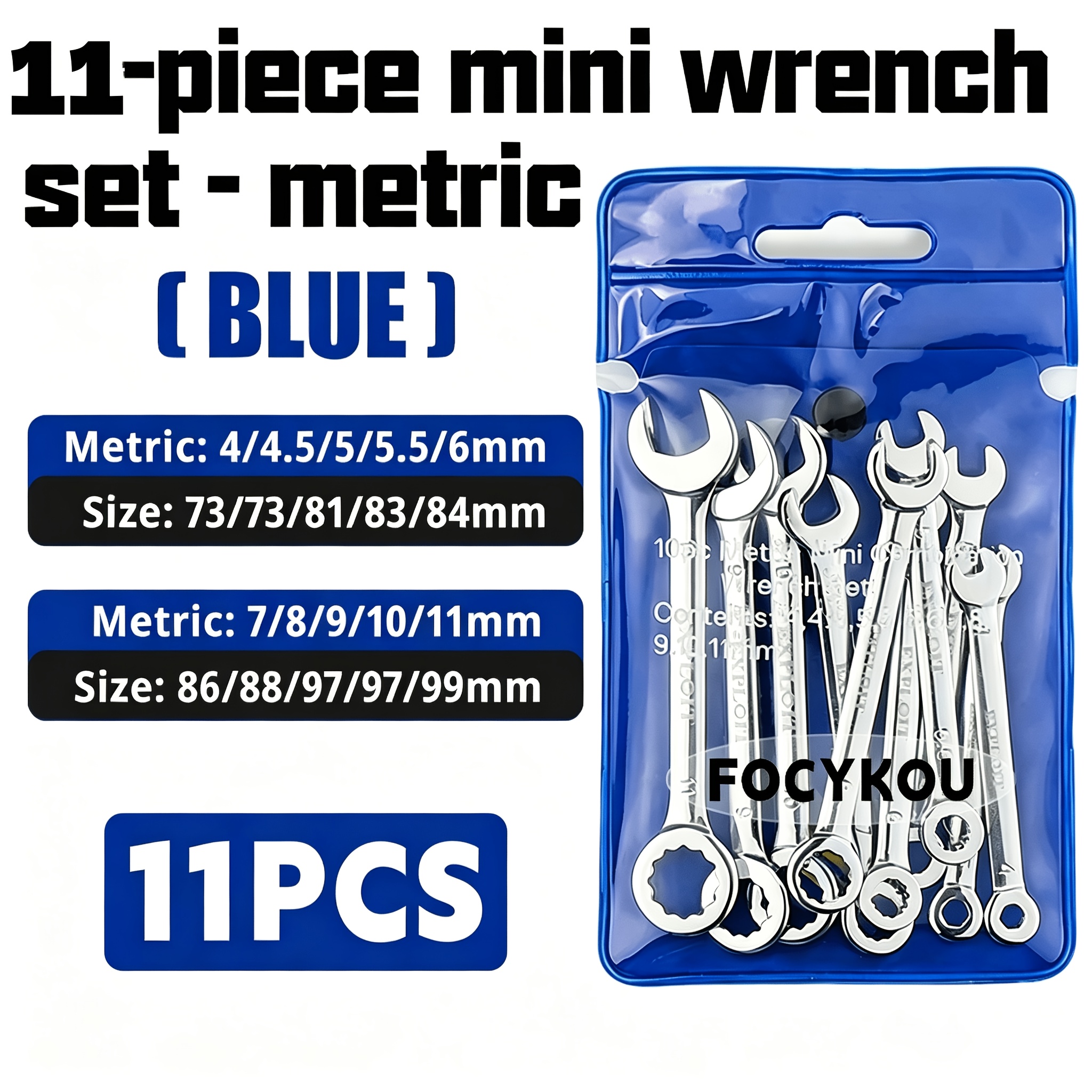TEMU Focykou 11pcs Mini Combination Wrench Set: Includes Metric (4-11 Mm) And Imperial (5/32"-7/16") Sizes; Features Open-end And Box-end Design;