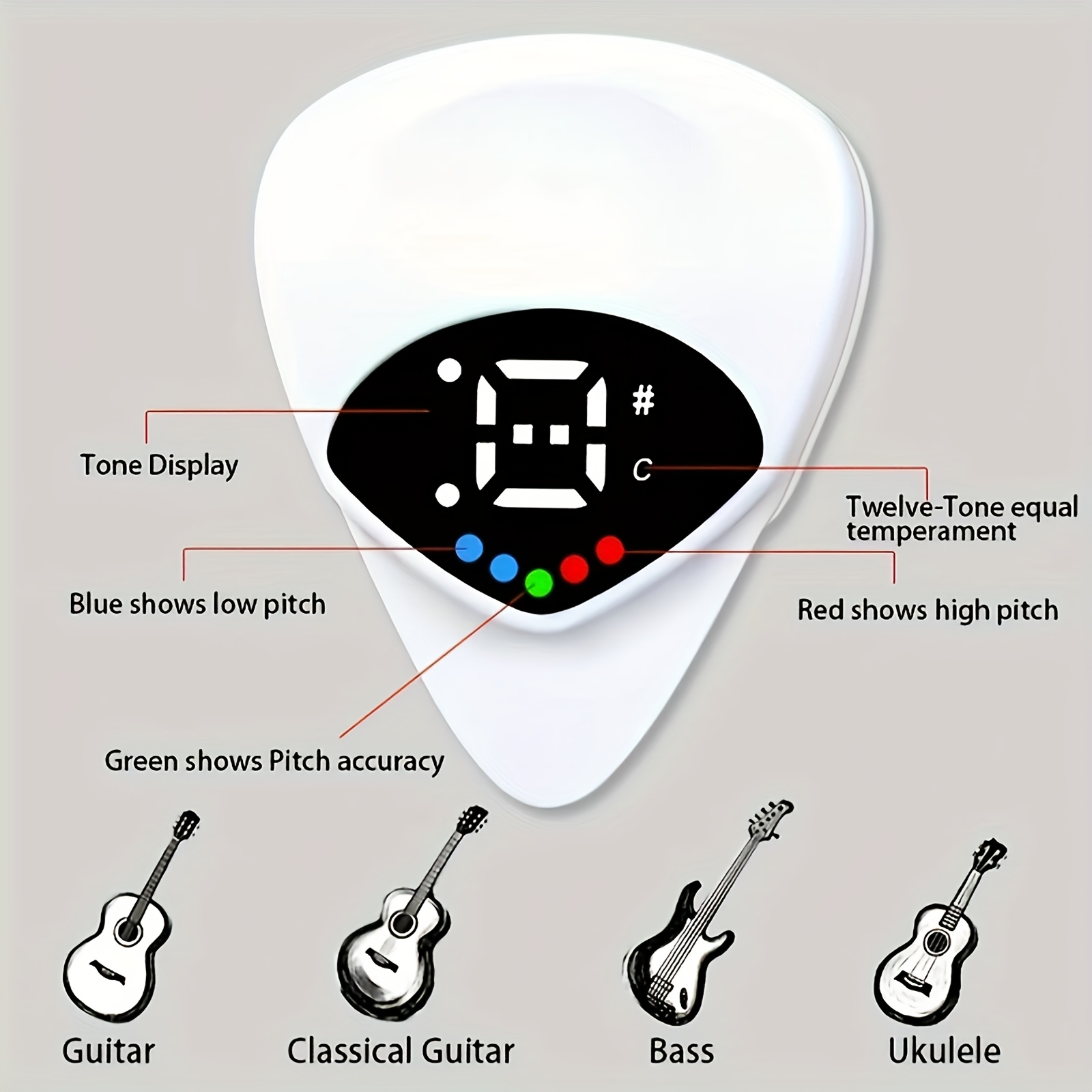 QiJiStar 2-in-1 Guitar Pick & Tuner - Portable, Multi-Purpose Pitch Calibrator for Folk Guitars and Ukuleles, 12-Tone Equal Temperament, Battery Powered, White ABS Resin