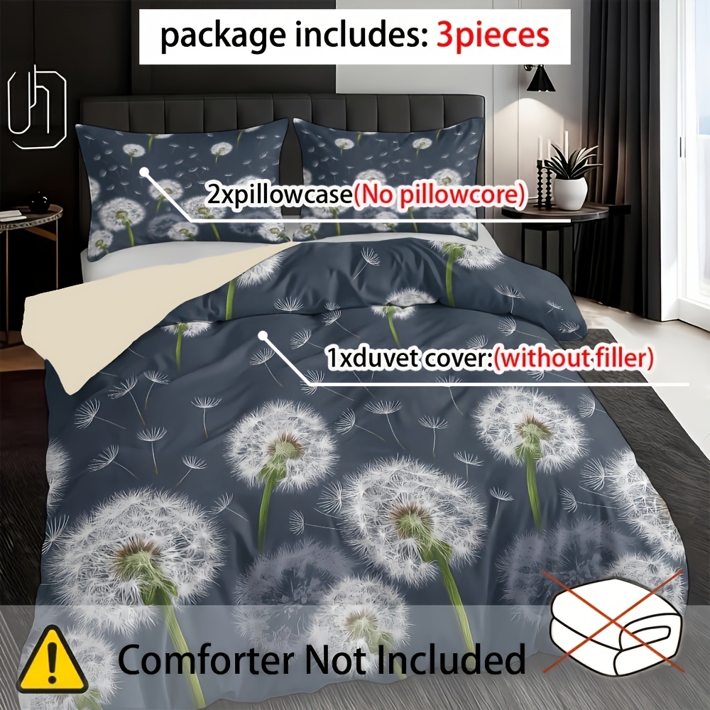 TEMU 3pcs Floral Dandelion Duvet Cover Set With Pillow Cases - Machine Washable, Breathable, And Made Of Polyester